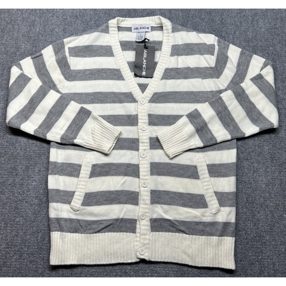 Ablanche Cardigan Sweater Mens L Off White Gray V-Neck Long Sleeve Preppy Y2K